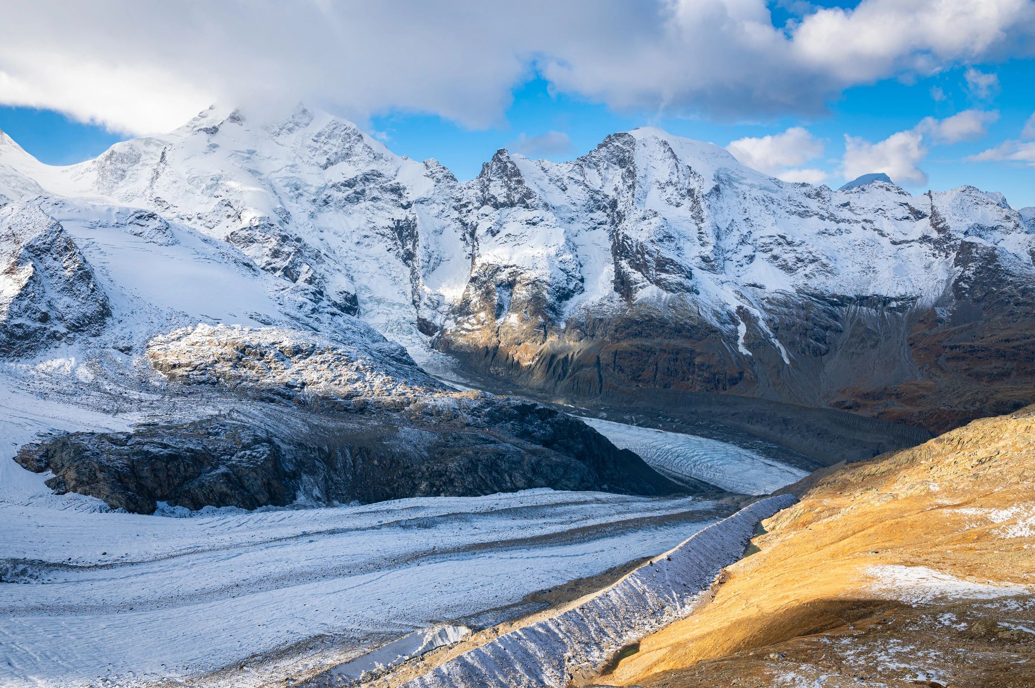 Swiss glacier panorama reflecting precision and long-range perspective