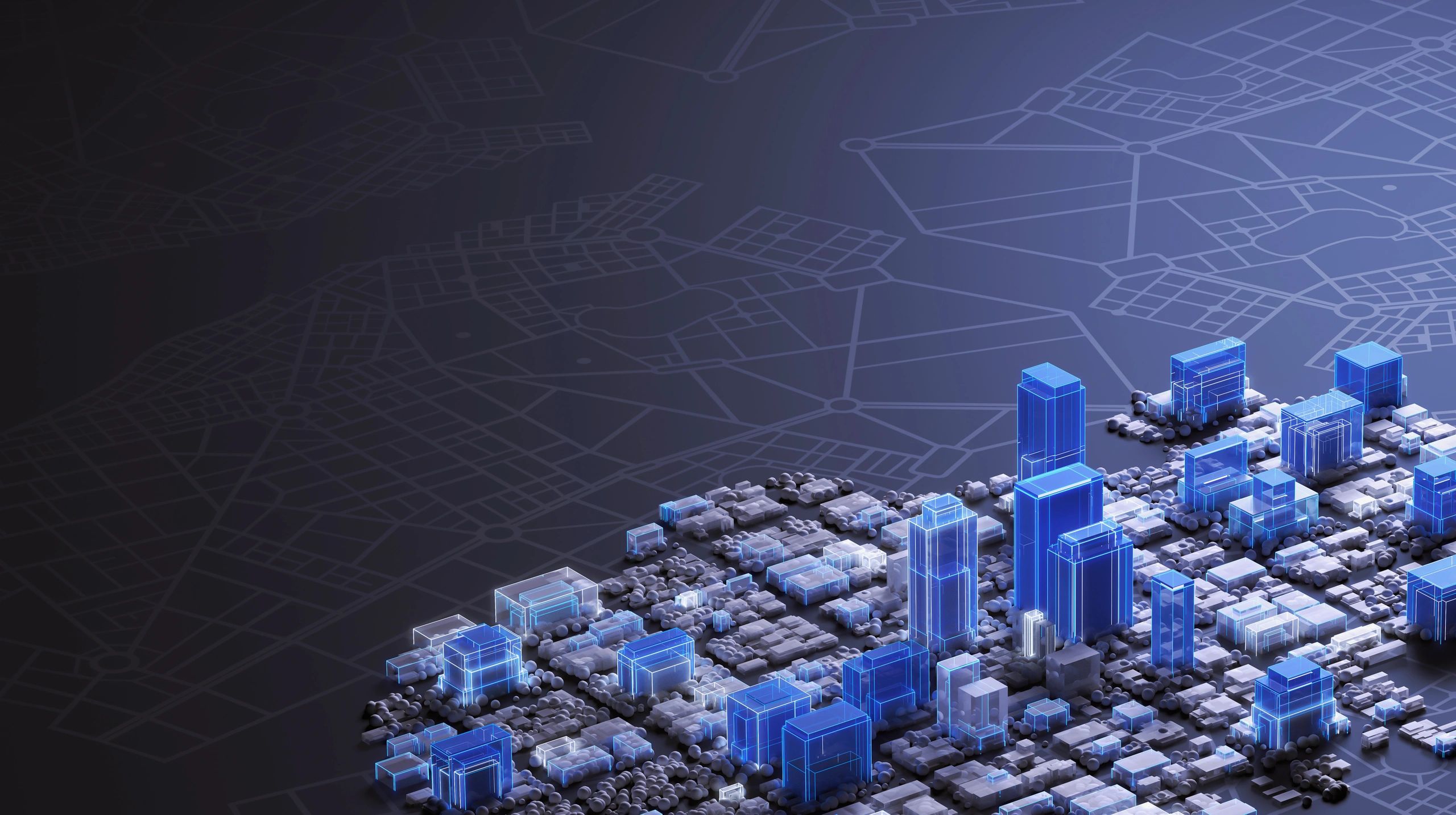 Abstract city and route imagery representing international technology expansion